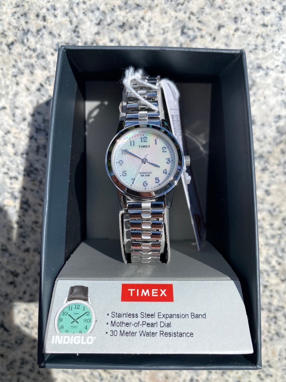 Timex Indiglo Women Watch Mother of Pearl Silver Expansion Band NIB Dress 25mm